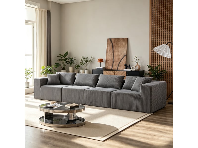  Canapé d’angle, modulaire en velours côtelé, mousse compressée, 4 pièces, salonchambre, 71x264x167 cm, gris  - Conforama D