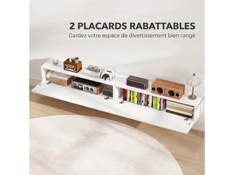  Meuble tv suspendu 180cm, meuble télé pour téléviseur 72 pouces, 2 portes rabattables, blanc, 180x25x22cm  - Conforama E