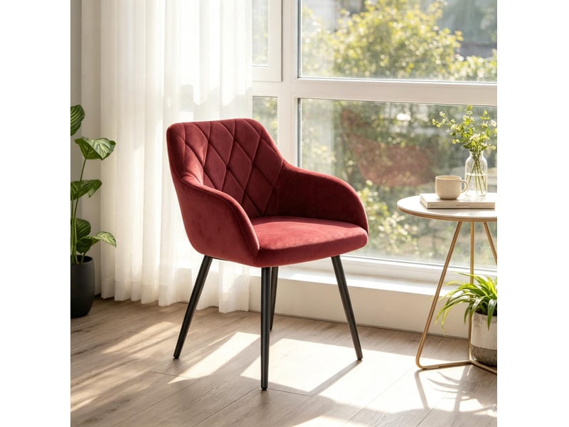  Chaise de salle à manger avec accoudoirs rouge en velours, assise rembourrée et pieds en métal, 1 pièce  - Conforama B