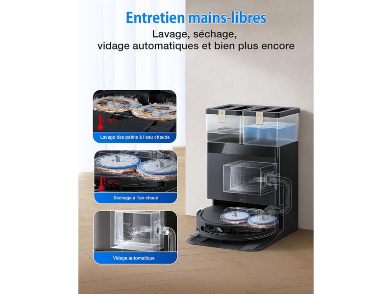  ECOVACS DEEBOT T50 Omni Gen3 Set Robot Aspirateur Laveur, 25000Pa, TruEdge 2.0, ZeroTangle 3.0, 81mm 25000Pa, AIVI 3D 2.0, 81mm - Conforama E