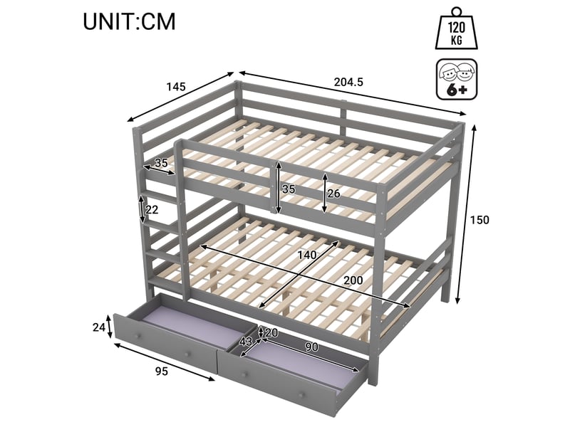  Lit superposés 140×200 cm avec tiroirs et barrières hautes, lit enfant avec espace de rangement et échelle, lit 2 personnes en gris  - Conforama W