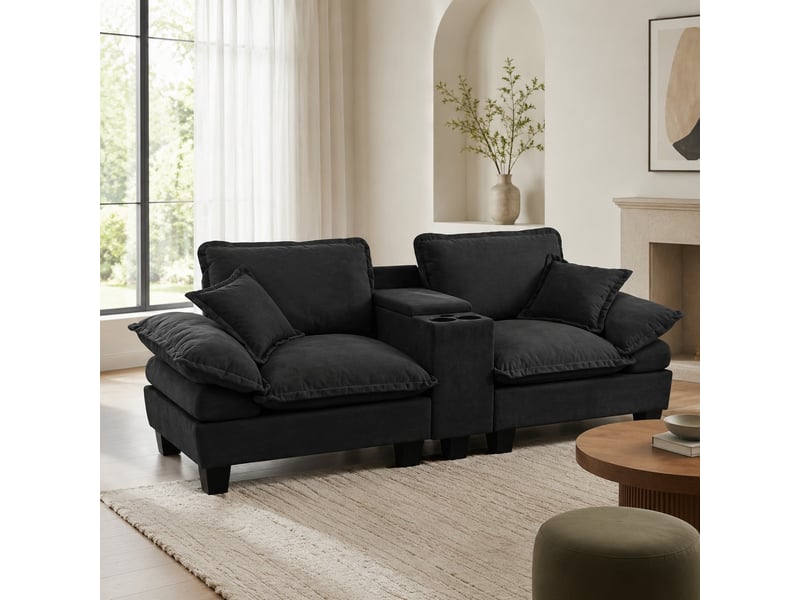  Canapé modulaire 2 places en chenille noir avec rangements, porte-gobelets et ports usb  - Conforama C