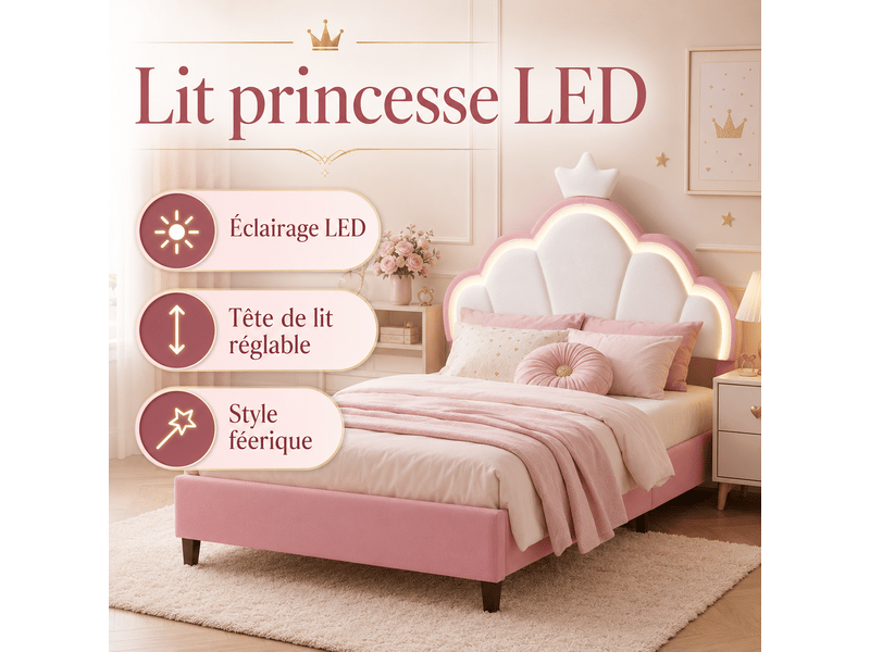 Lit capitonné 90 x 200 cm, lit enfant avec sommiers à lattes et dossier,cadre de lit pour fille, lit enfant 90x200 cm, lumière led, lit fille avec tête de lit réglable en hauteur, décor couronne, lit rembourré enfant, 1 person… - Conforama E