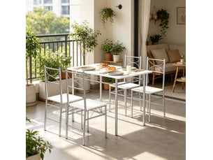 Ensemble table à manger et 4 chaises mdf blanc et métal argenté