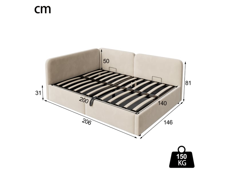 Lit banquette double 140×200 cm coffre hydraulique et tête de lit réversible  - sans matelas, velours beige  - Conforama D
