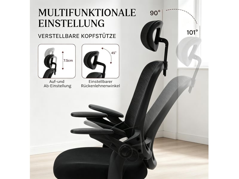  Fauteuil de bureau ergonomique 63,5 x 47 cm – noir – dossier haut, appuie-tête et accoudoirs 3d réglables  - Conforama E