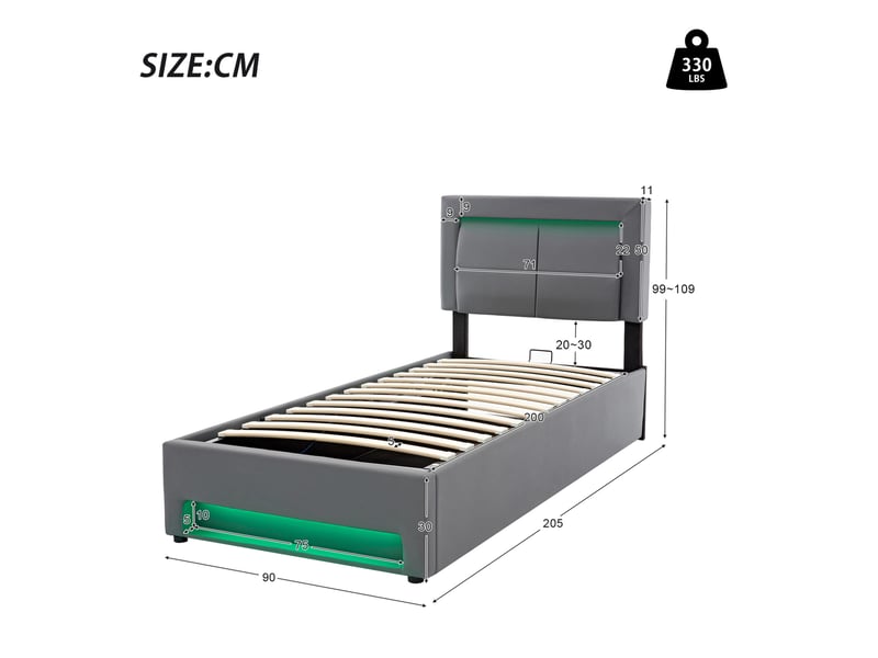  Lit coffre 90x200 cm avec usb, recharge sans fil et led, pu gris  - Conforama E