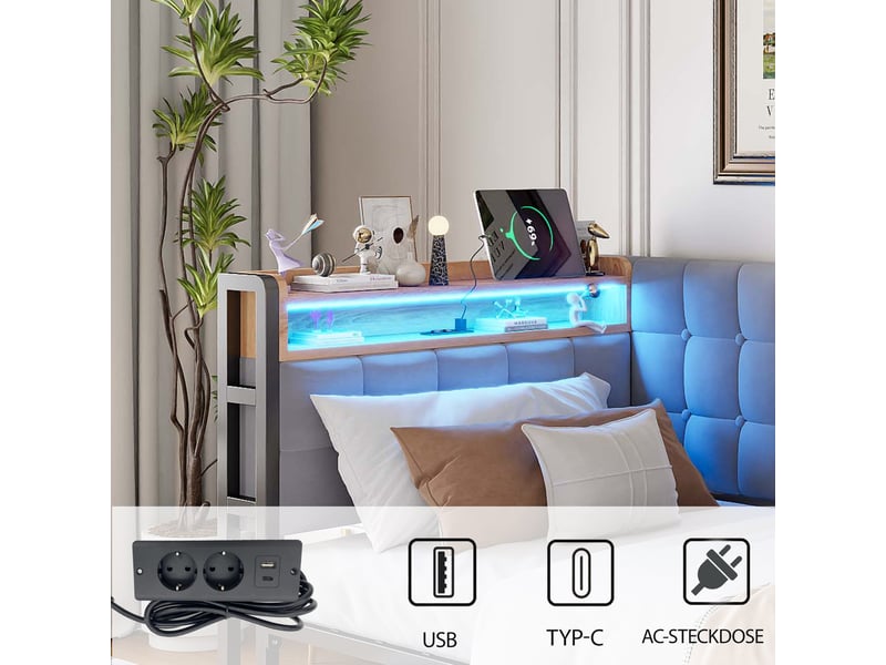  Canapé-lit 90x200 cm avec 2 tiroirs, led et ports usb-c, velours gris, sans matelas  - Conforama R