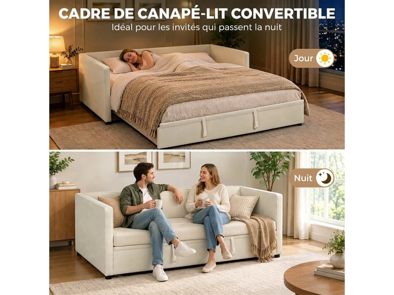 Canapé-lit 2 en 1 beige, canapé 2 places convertible en lit double 90 x 190 cm - Conforama R