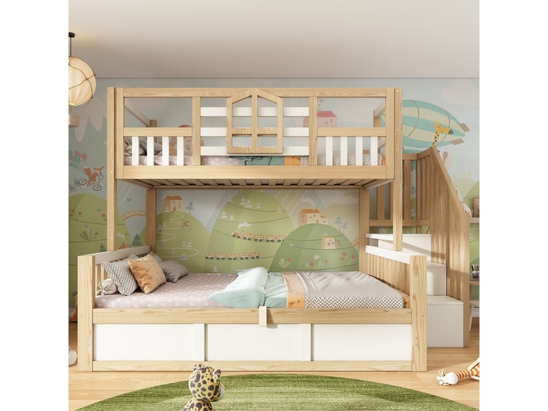  Lit superposé enfant 90x200 cm +140x200cm - avec espace de rangement sur le lit inférieur - escalier avec rangement - blanc + naturel (matelas non inclus)  - Conforama B
