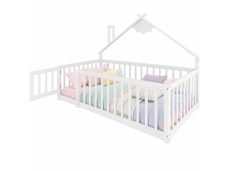  Lit cabane enfant 90x190 cm avec barrière de sécurité bois blanc sans matelas  - Conforama A