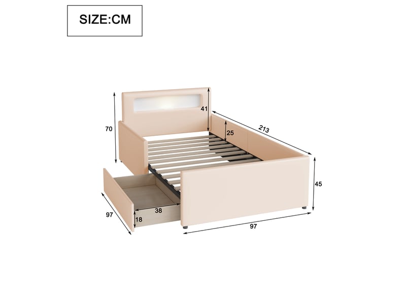  Lit enfant rembourré 90x200 cm avec tiroir, veilleuse led et usb, beige  - Conforama E