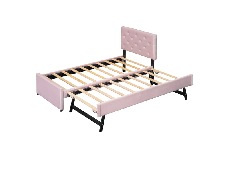  Lit rembourré rose 90x200 cm avec tiroir roulant, velours et sommier à lattes  - Conforama D