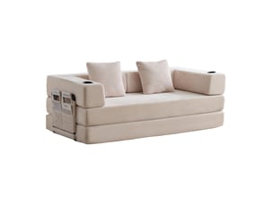 Canapé convertible pliable avec porte-gobelets et poches latérales, dossier rabattable en velours côtelé blanc