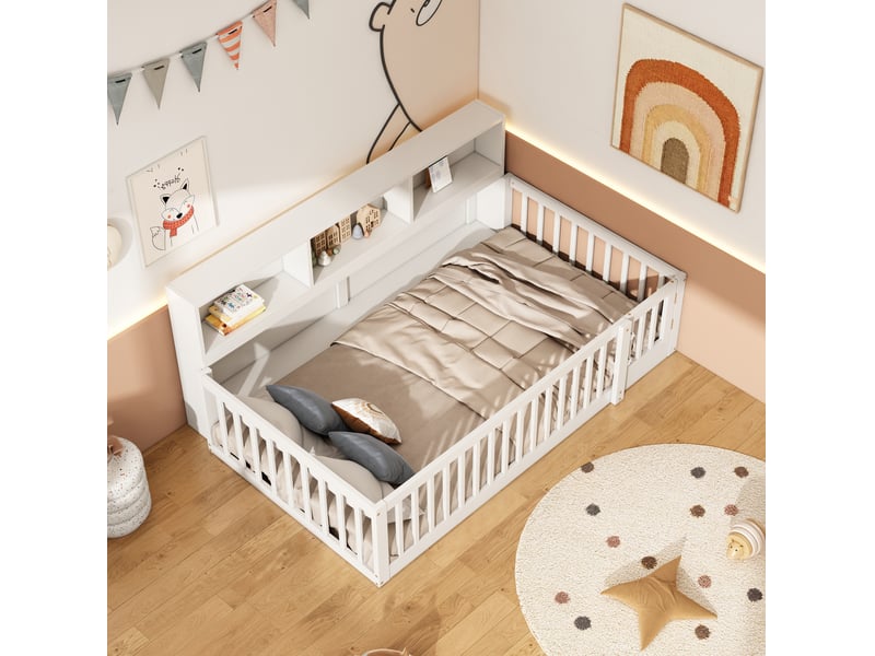  Lit banquette enfant 90 x 200 cm avec sommier, rangements et barrières, blanc  - Conforama E