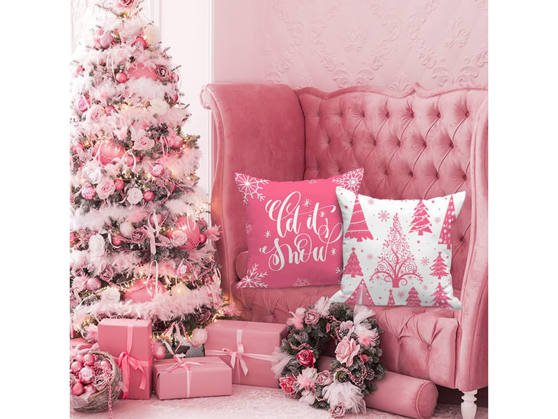  Lot de 4 housses de coussin de noël 45 x 45 cm, motif flocons de neige d'hiver, décoration de noël rose  - Conforama C