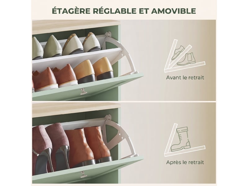  Meuble à chaussures style moderne, 3 portes abattantes, 18 paires de chaussures, 60 x 23,5 x 115 cm, vert  - Conforama E