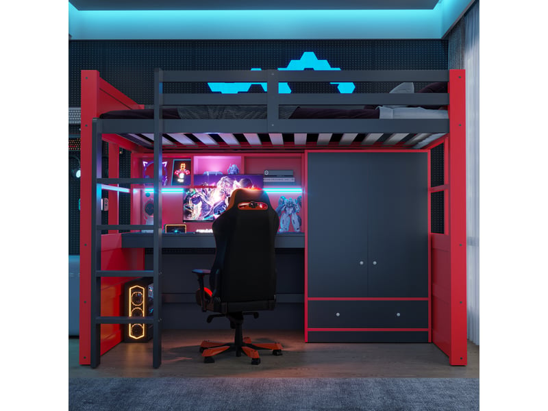 Lit mezzanine enfant 90x200 cm – noir et rouge – bureau, armoire, tiroir, led, prises – sans matelas - Conforama B