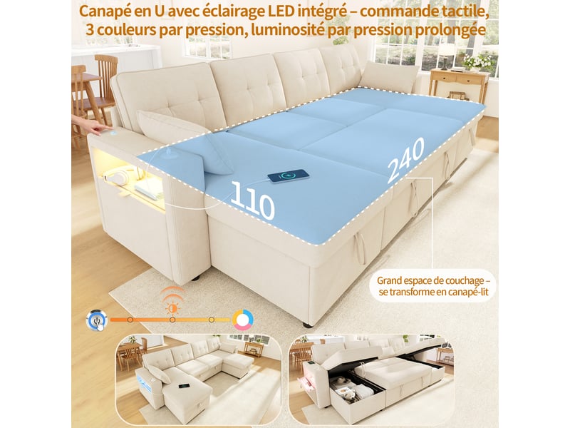  Canapé d'angle convertible en u 4 places 273 x 131 cm avec double méridienne, coffre de rangement, led et usb type-c - chenille beige  - Conforama D