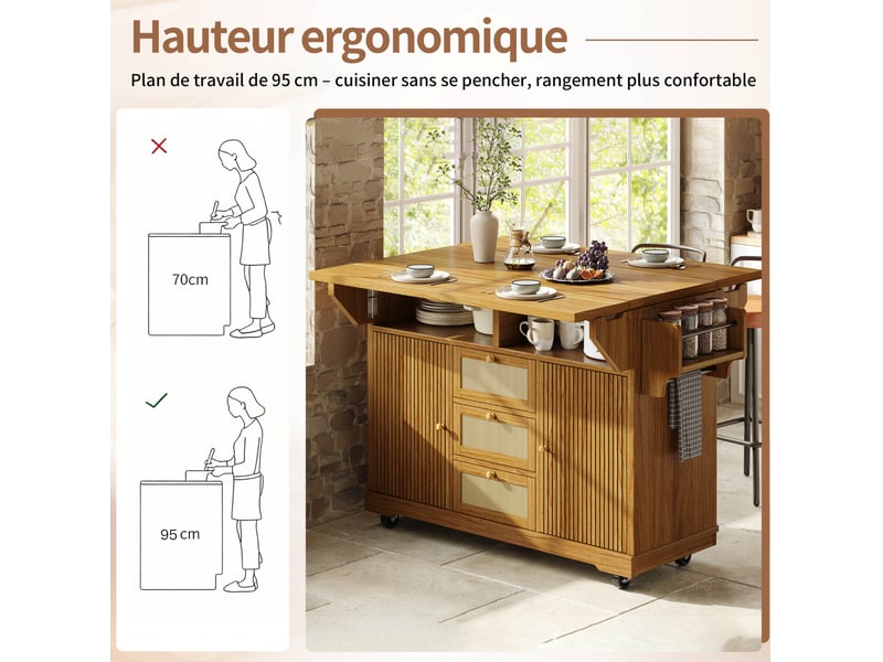  Desserte de cuisine pliable 142,5 x 80 x 95 cm marron foncé en mdf, à roulettes avec rangements pratiques  - Conforama E