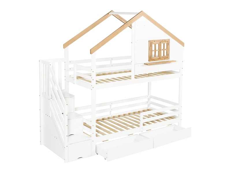Lit superposé enfant 90x200 cm – blanc et naturel – escalier de rangement, 2 tiroirs et fenêtre ouvrante - Conforama D