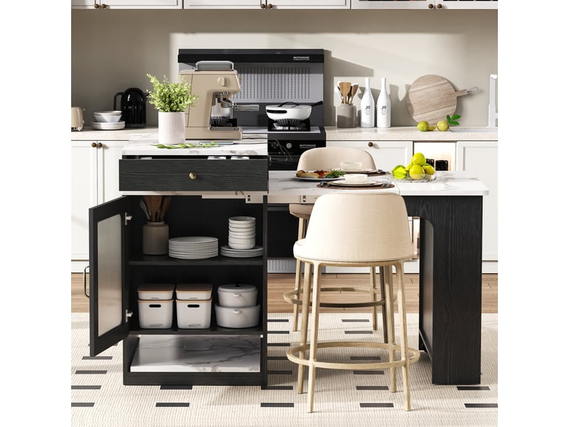  Îlot de cuisine sur roulettes table extensible 80 x 71-151 cm multiprise tiroir meuble bar noir  - Conforama C