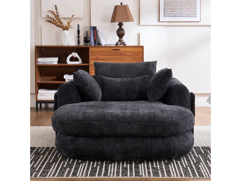 Fauteuil méridienne en chenille avec assise profonde et coussins pour détente quotidienne, salon, noir - Conforama C