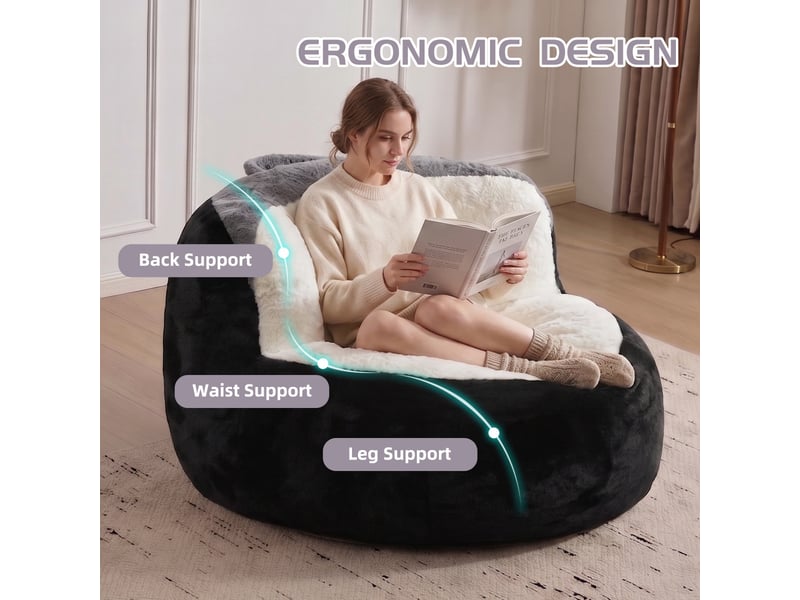  Fauteuil-pouf de sol 110 x 100 x 77 cm – grand sofa lounge en de mousse haute résilience avec poignée intégrée - fausse fourrure -noir et blanc  - Conforama E