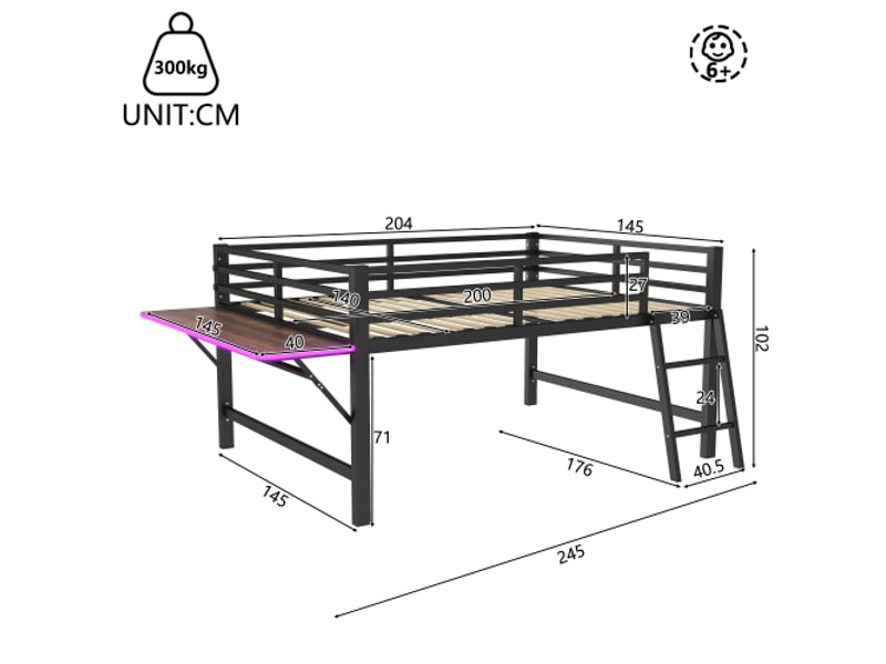  Lit mezzanine 140x200 cm coloris noir led métal lit enfant noir - Conforama C