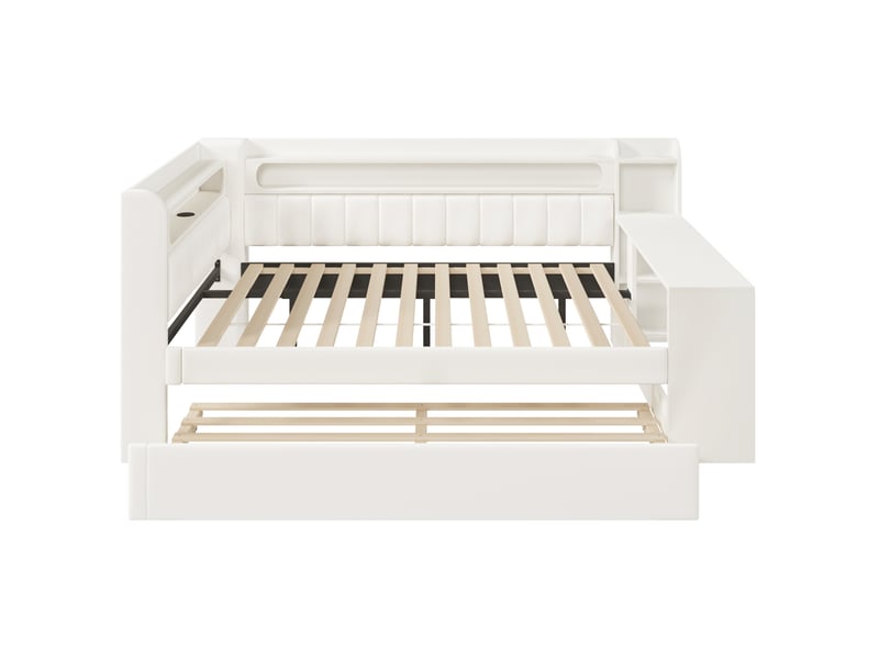 Lit banquette 140x200cm, bureau, lit gigogne 90x190cm, led, lit enfant, ports usb, mdf, tissu lin blanc sans matelas  - Conforama E