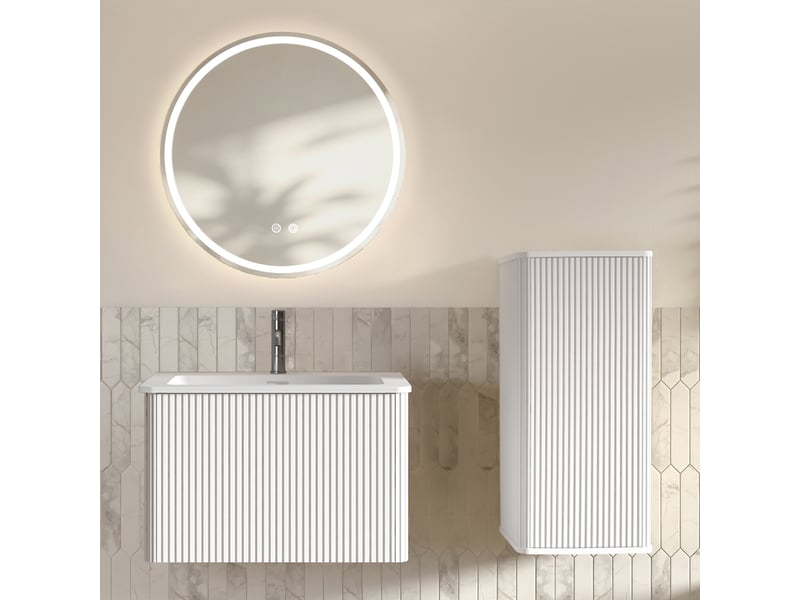 Meuble sous vasque avec miroir led et colonne murale, vasque et rangement pour salle de bain, blanc mat - Conforama B