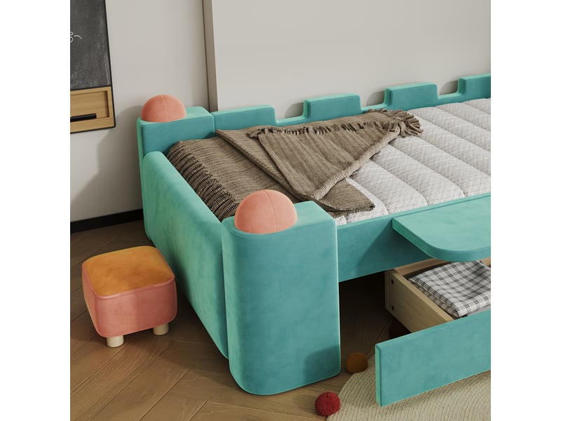  Lit enfant simple avec tiroir, tablette rabattable et bords rembourrés, 90x200 cm, sans matelas, bleu vert  - Conforama E