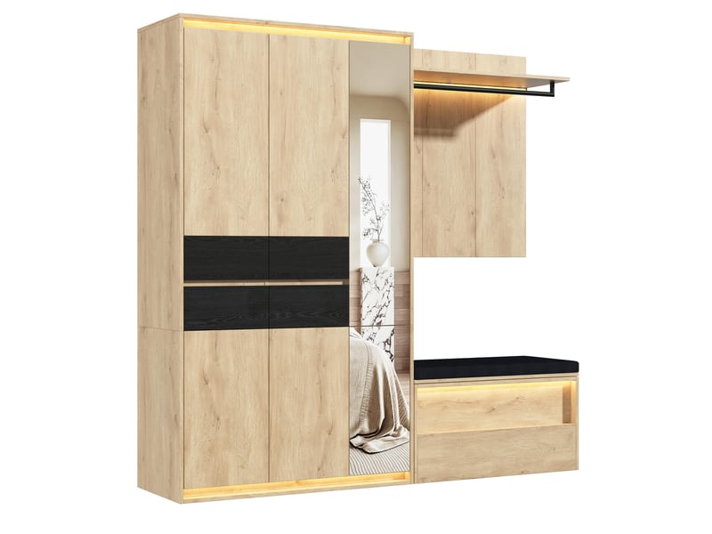 Armoire de penderie 200x47x200 cm, vestiaire d'entrée complet avec miroir et 3 éclairages led, avec banquette et 4 tiroirs, en mdf, chêne - Conforama A