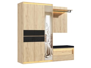 Armoire de penderie 200x47x200 cm, vestiaire d'entrée complet avec miroir et 3 éclairages led, avec banquette et 4 tiroirs, en mdf, chêne