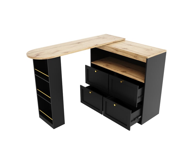 Table de bar extensible avec 4 tiroirs et compartiments ouvertes,pivotant à 360°,noir table noir - Conforama D