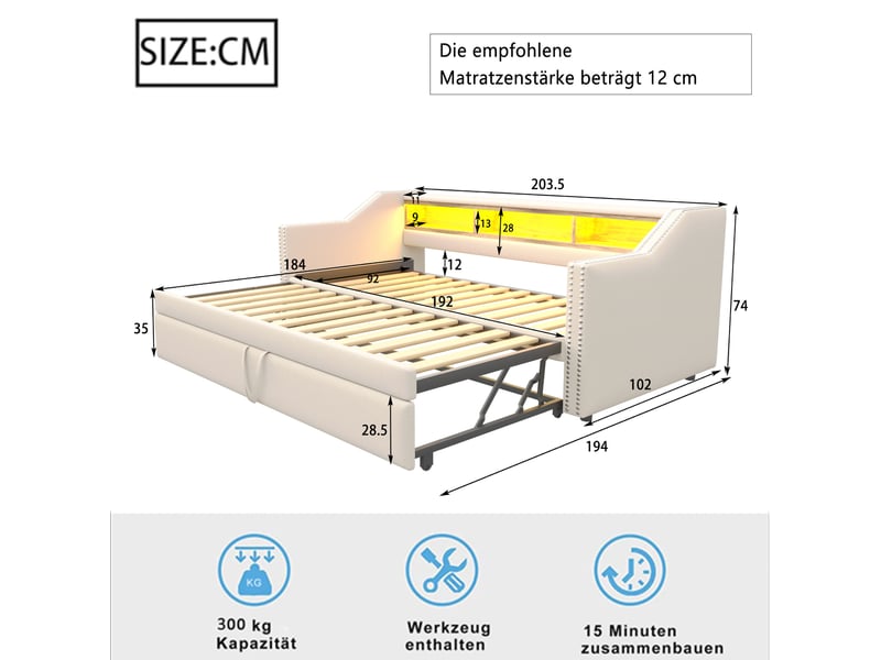  Lit banquette rembourré 90180 x 190 cm avec led, port usb et coffre, lattes incluses, finition beige pour chambre  - Conforama B