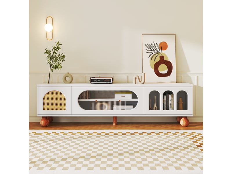  Meuble tv, 170x47x37 cm, bois massif, rotin, verre, portes coulissantes, poignées dorées, portes en arche, design moderne et élégant pour salon  - Conforama D