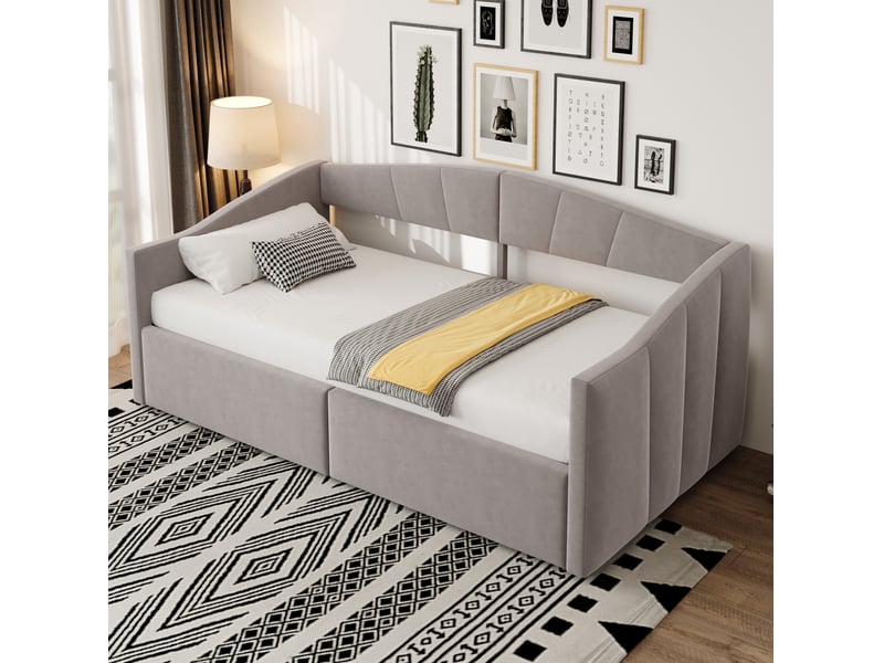  Lit enfant 90 x 200 cm, rangement grand volume, dossier et accoudoirs, tissu velours gris clair sans matelas  - Conforama D