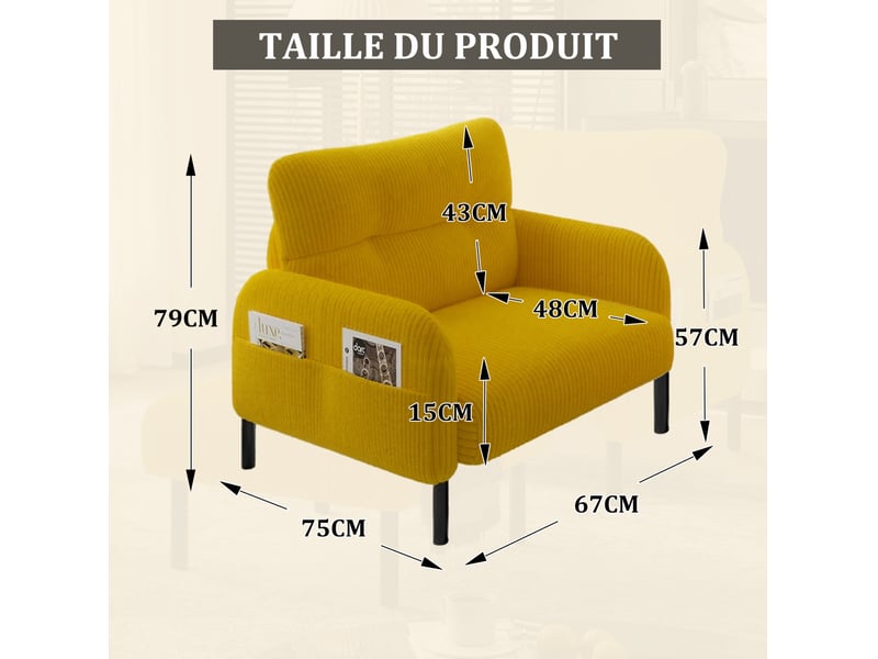  Fauteuil confortable fauteuil d'appoint 67x75x79cm siège profond, poche latérale, structure métal, velours côtelé jaune  - Conforama C