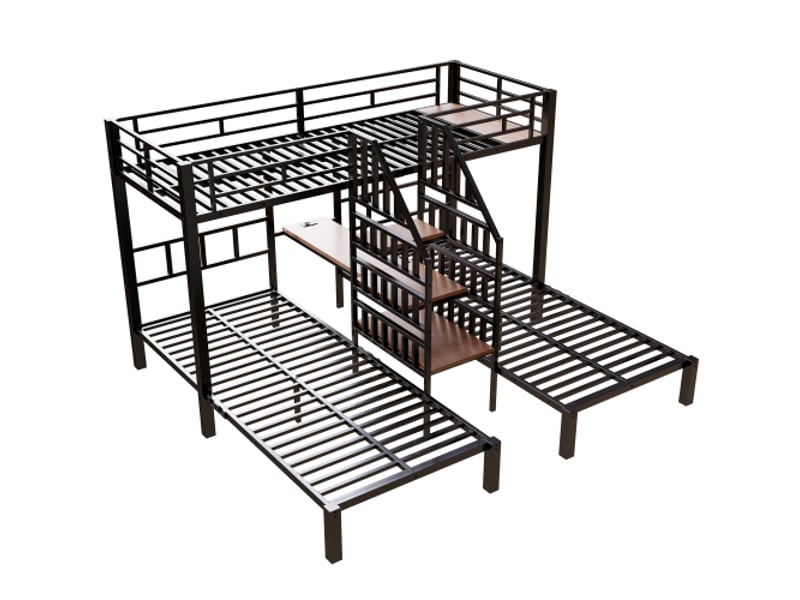  Lit superpose 3 places avec rangement 90x200 cm | bande led intégrée | escalier de rangement | 2 ports usb + 1 prise  - Conforama A