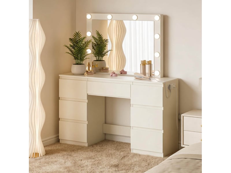  Coiffeuse avec miroir led 110x39,5x140,5 cm blanche, bois d'ingénierie et verre, 7 tiroirs et prises  - Conforama B