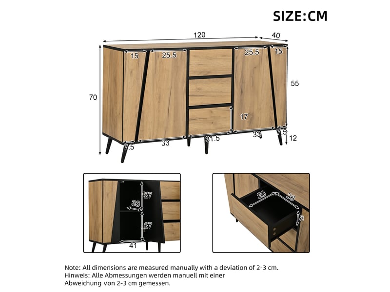  Buffet 120 x 40 x 70 cm, 2 portes et 3 tiroirs, meuble de rangement et bar à café, effet bois et noir evarich - Conforama C