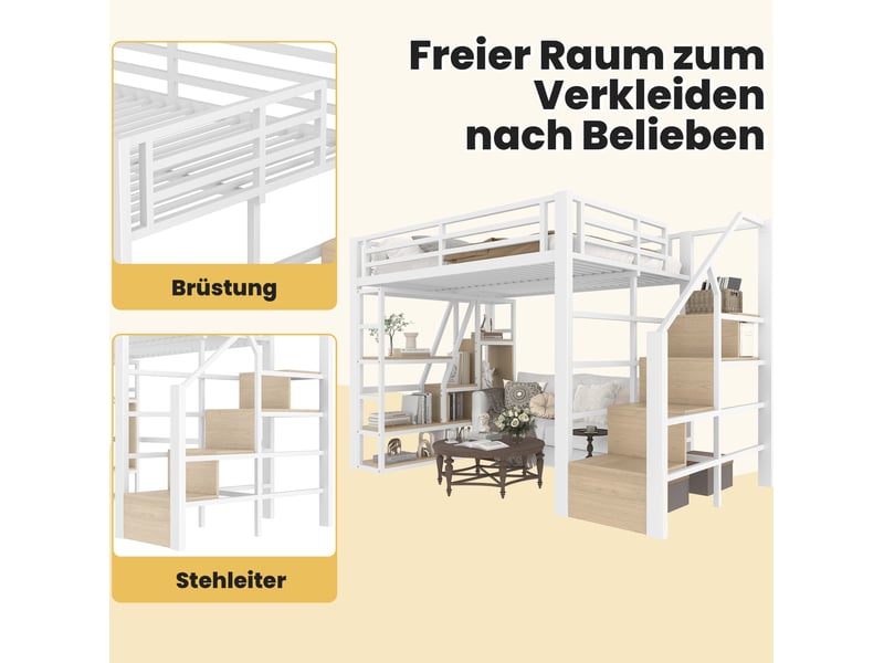  Lit mezzanine enfant 140x200 cm led mdf métal blanc sans matelas  - Conforama D