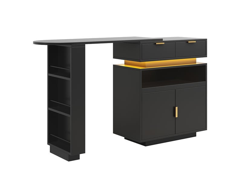 Table de bar extensible (115-183 × 40 × 99 cm) îlot cuisine extensible rangement éclairage led pivotante 360° bar à café mobile noir - Conforama A