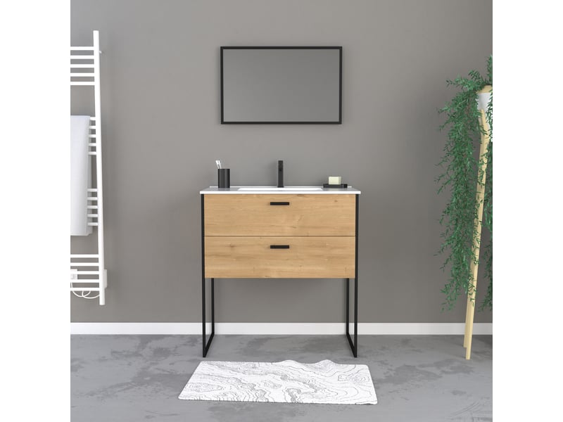  Ensemble meuble de salle de bain 80x45cm style industriel couleur chene naturel - vasque blanche  - Conforama E