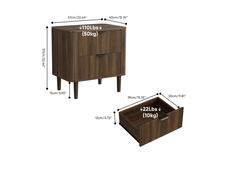 Table de chevet 57x40x57 cm coloris noyer avec 2 tiroirs - Conforama C