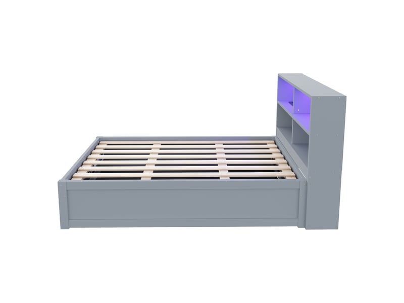  Lit banquette 1 place 90x200 cm en bois, avec 4 compartiments, prise multifonction et led, gris, matelas non précisé  - Conforama E