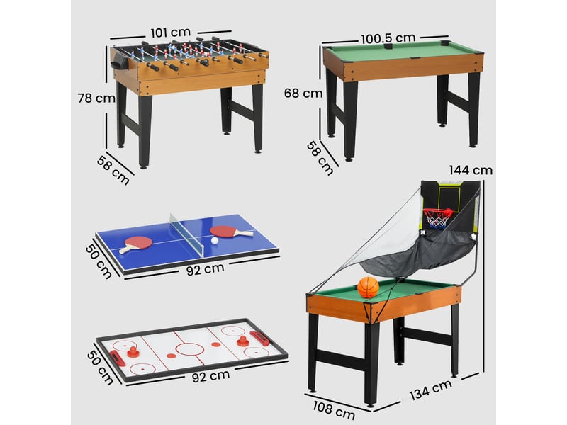  Table multijeux 5 en 1 babyfoot billard air hockey ping-pong et basket accessoires 134x108x144cm marron noyer  - Conforama C