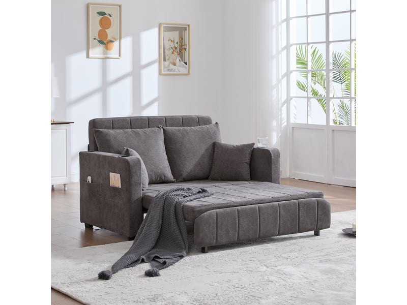 Canapé-lit 2 places convertible en tissu chenille, 4 coussins inclus, poches latérales, porte-gobelets, mousse haute densité, gris - Conforama B