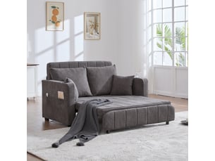 Canapé-lit 2 places convertible en tissu chenille, 4 coussins inclus, poches latérales, porte-gobelets, mousse haute densité, gris